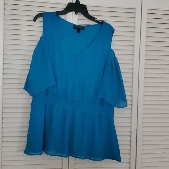 LANE BRYANT aquamarine sheer cold shoulder… - Picture 2 of 8